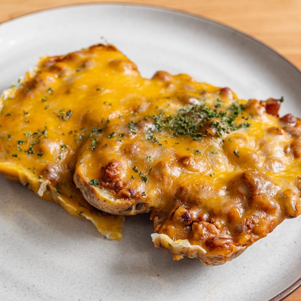 Two chili cheese baked potatoes, topped with melted cheddar and parsley, on a white plate.
