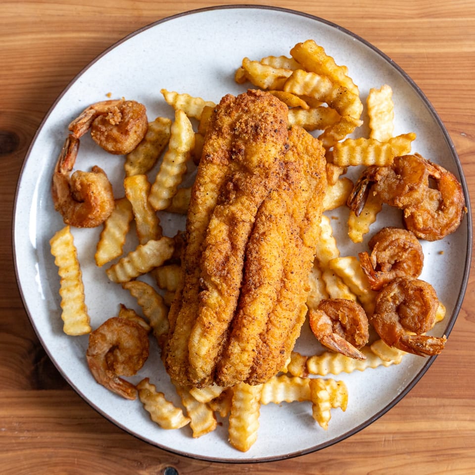 Fried fish and shrimp with crinkle-cut fries on a white plate, viewed from above.